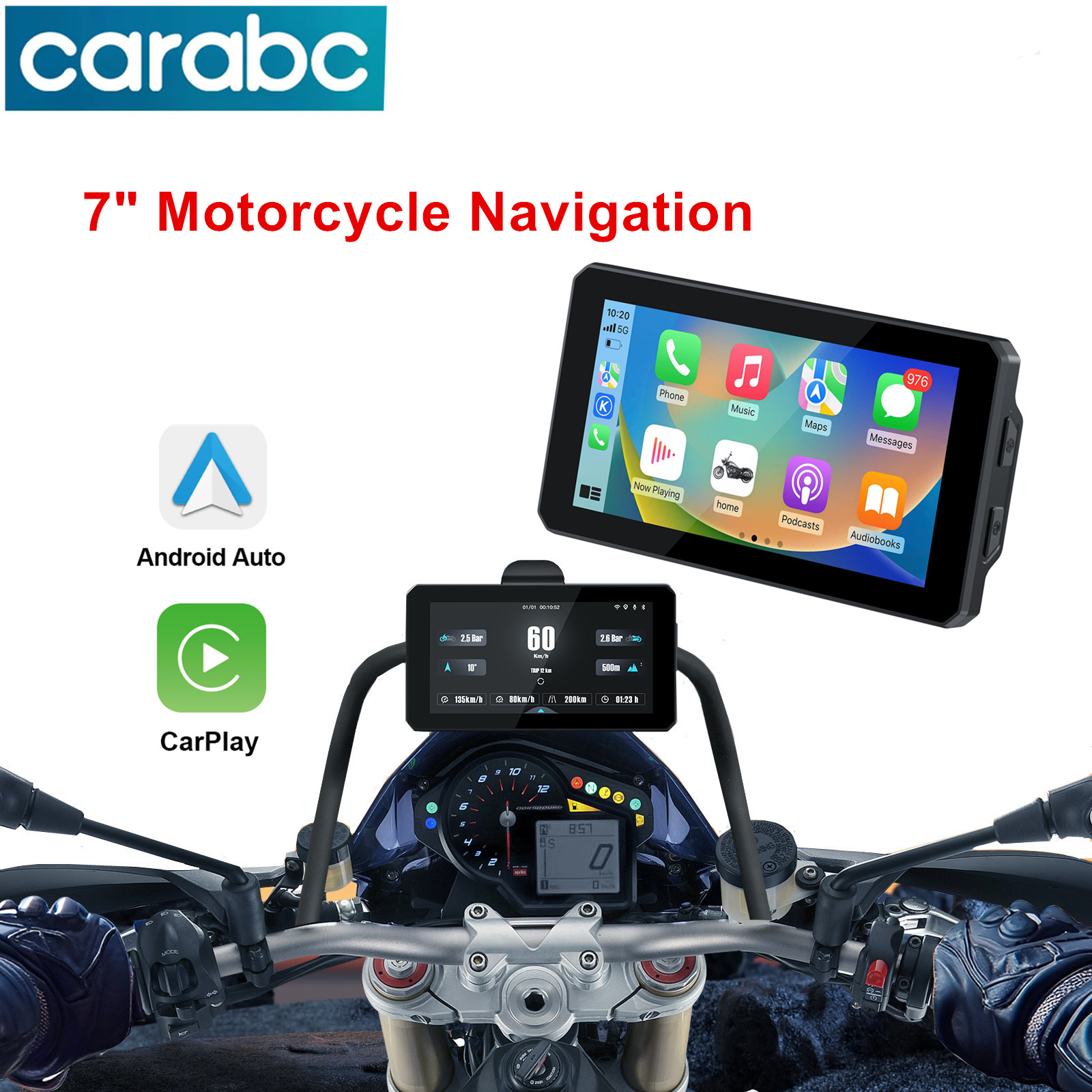 CARABC 7 インチポータブルワイヤレス Carplay Android 自動車オートバイ GPS ナビゲーション IP68 防水 DVR ドライブレコーダーモト TPMS