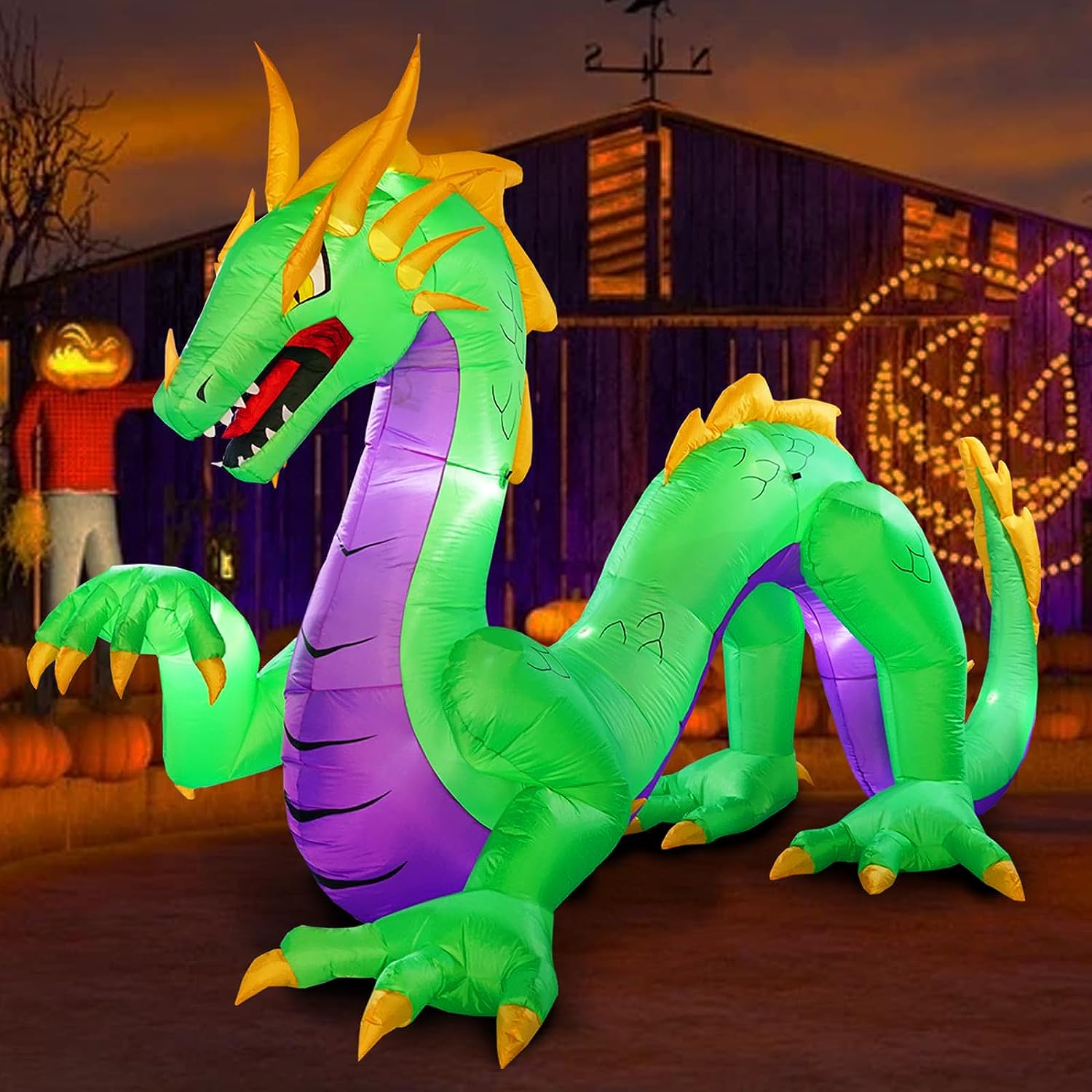 長さ14フィートの巨大なハロウィンインフレータブルグリーンドラゴンインフレータブルおもちゃ、庭の芝生用LEDライト付きハロウィン屋外装飾