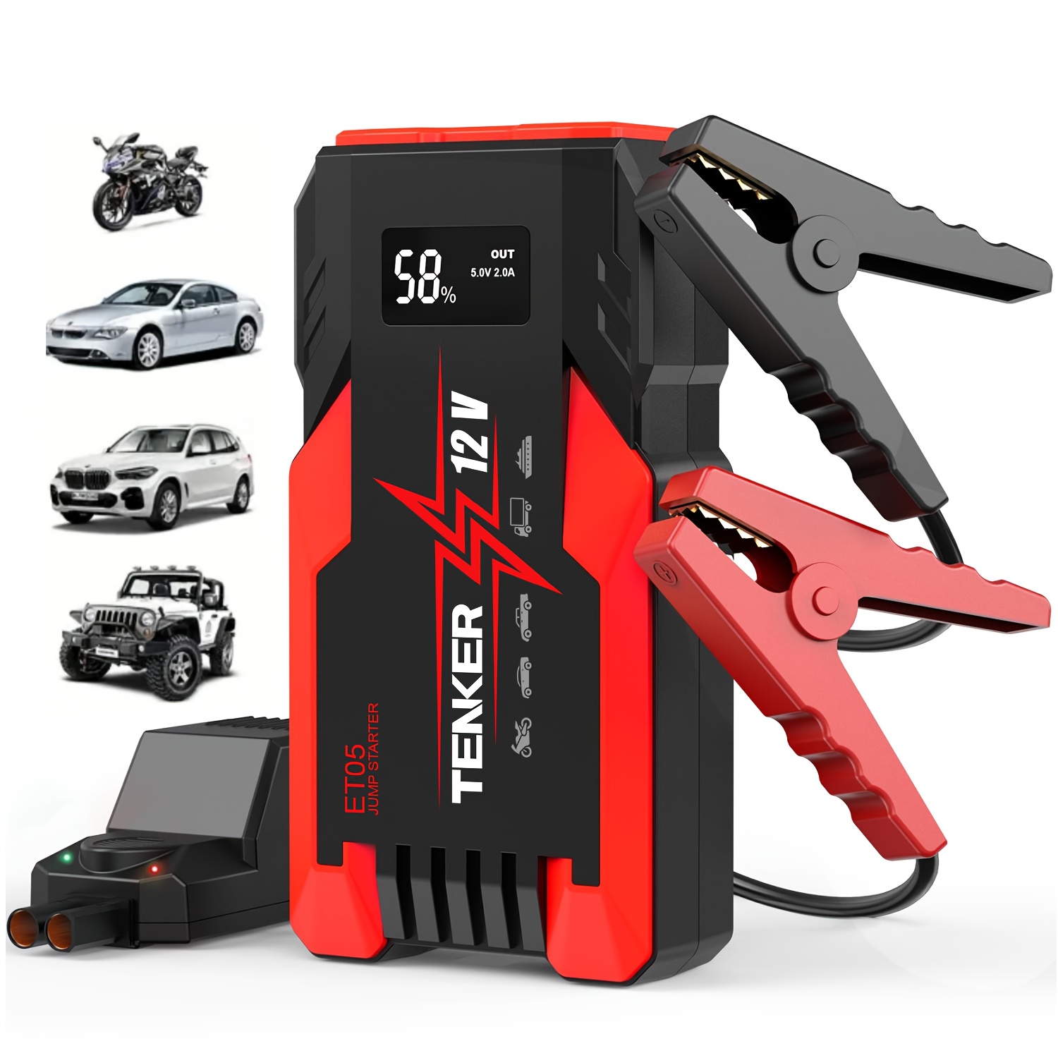 ポータブルカーバッテリージャンプスターター4000A 車SUVピックアップバイク緊急使用用、パワーバンクとLED懐中電灯付き12Vバッテリージャンプスターターボックス、クランプ付きジャンプケーブルF/1.9galガス