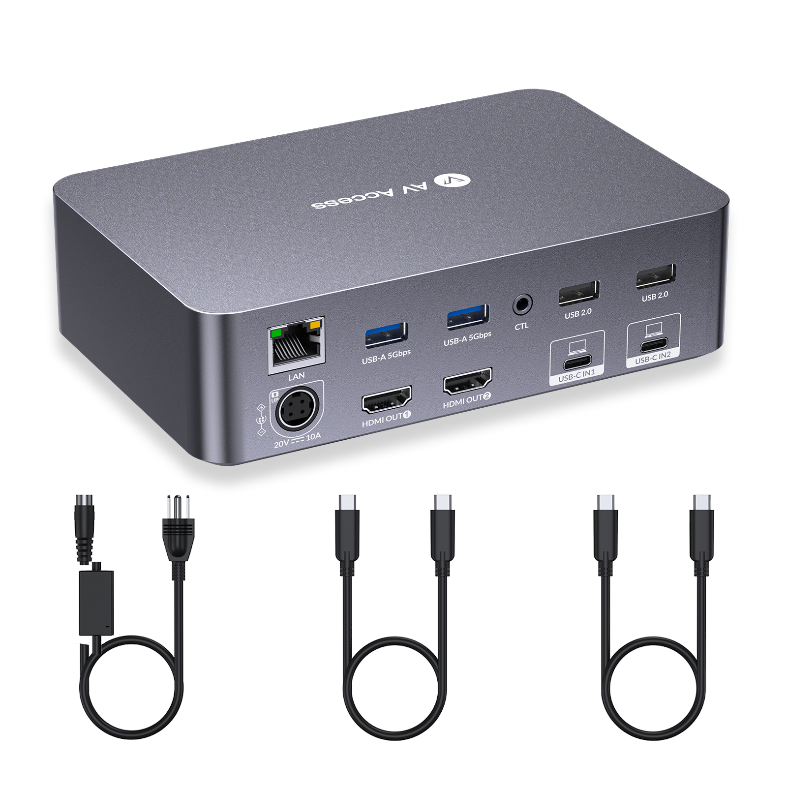 AV Access KVM スイッチ ドック 2 モニター 2 ラップトップ、4K ディスプレイ デュアル モニター、2 USB-C MST ポート、60W PD、1G イーサネット (iDock-C20)