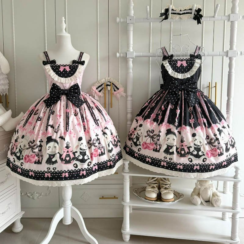 日本のかわいいロリータスタイル Jsk ドレス女性甘いかわいい弓レースフリルパーティーミニドレスゴシック Y2k ノースリーブプリンセスドレス