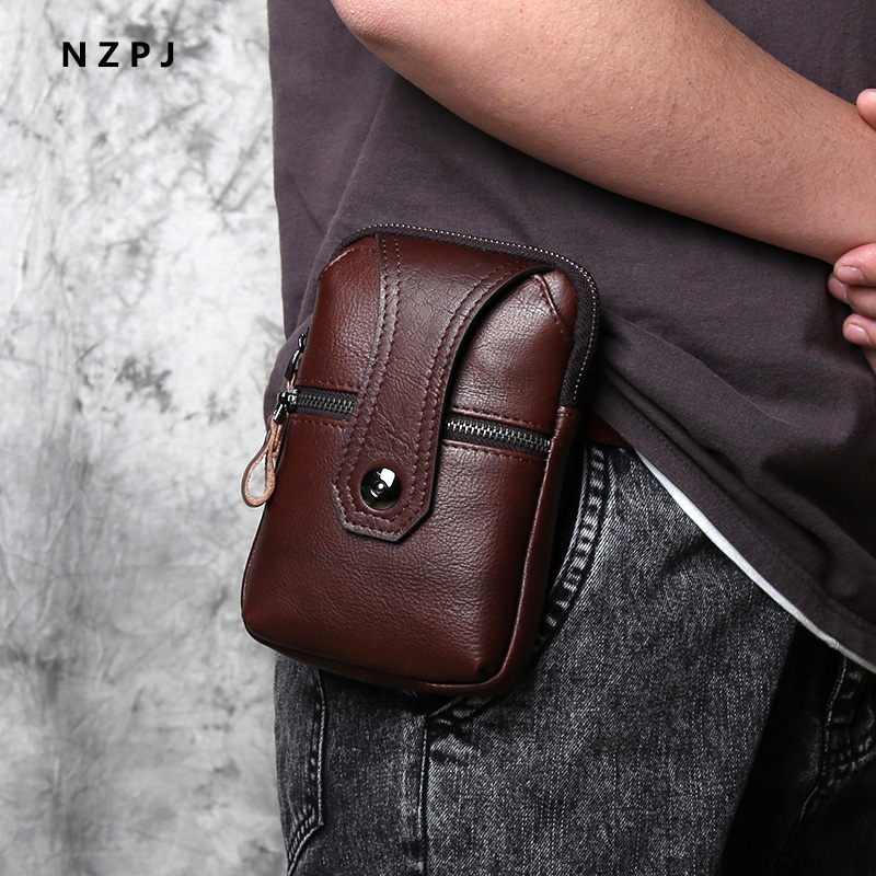 NZPJ レザーメンズウエストバッグトップレイヤー牛革カジュアル携帯電話バッグ摩耗ベルト垂直ショルダーメッセンジャー携帯電話バッグ