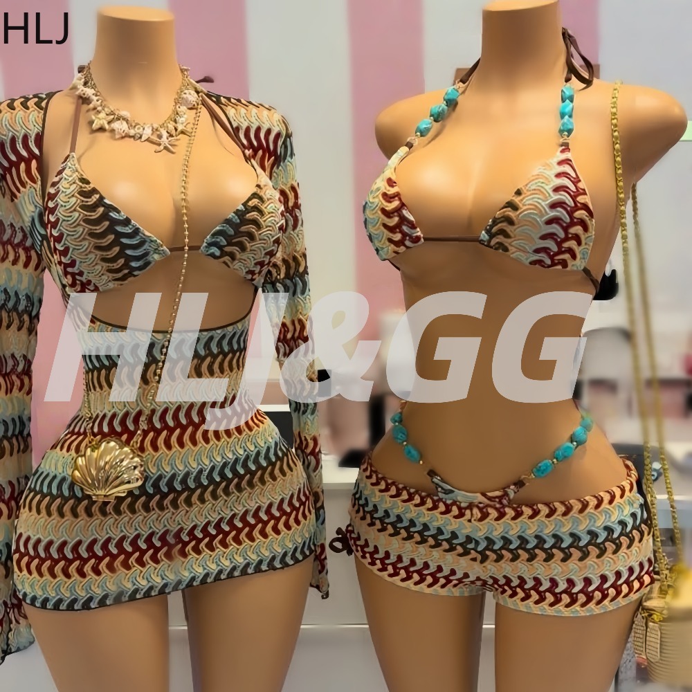HLJ Y2K ファッションコーヒーストライプビキニセット 2026 女性ビーズストリング中空アウトクロップトップひも水着夏のスーツホリデー新しい