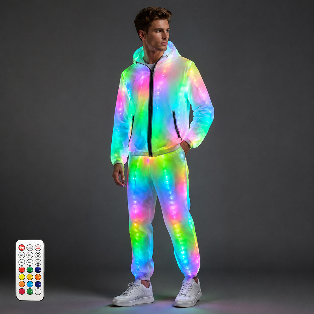 カラフルな LED 発光トラックスーツ男性光るフード付きジャケットとパンツセットステージパフォーマンスダンス衣装フェスティバル用