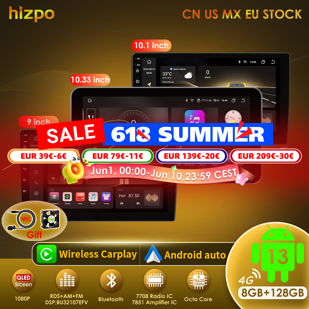 Hizpo ユニバーサルカーラジオ 2Din 9 "10" 10.33 "Android 自動マルチメディア GPS CarPlay トヨタ フォルクスワーゲン ヒュンダイ 起亜 日産 ホンダ用