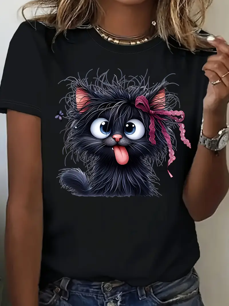 女性の面白い揚げ猫漫画 Tシャツ遊び心のある弓蝶プリント女性のカジュアル半袖 Tシャツ服トップ Tシャツ