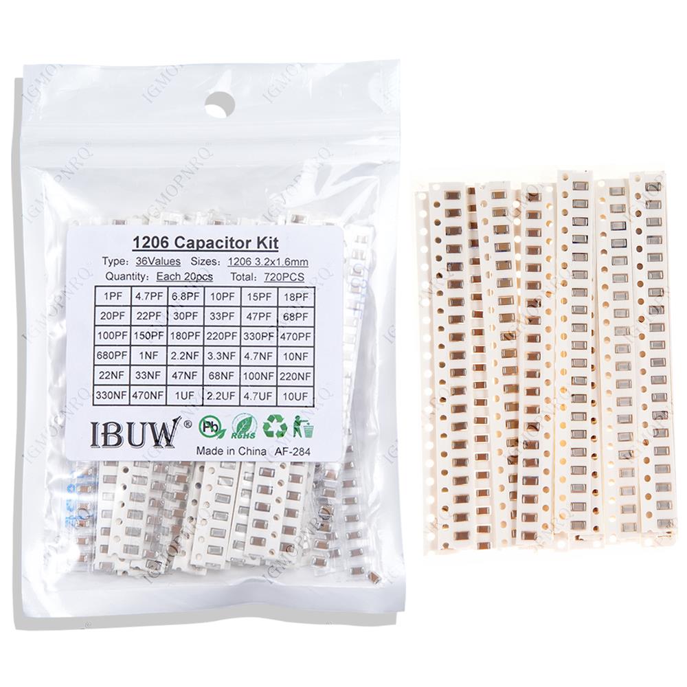 36 値 1pF-10uF 電子コンデンサセット 1206 SMD セラミックコンデンサ詰め合わせキット 22PF 47PF 22NF 100NF 2.2UF 4.7UF コンデンサ