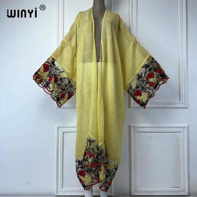 WINYI 夏刺繍着物高級ビーチウェア水着カバーアップ女性カーディガンセクシーなホリデーロングコートアバヤドバイ高級