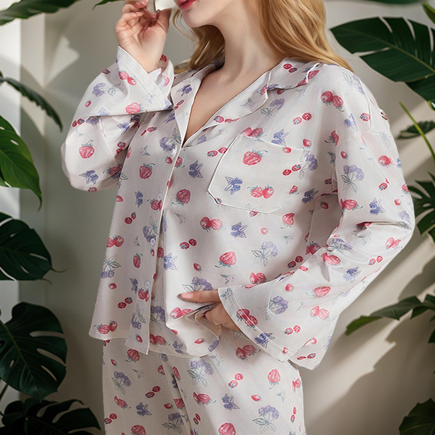 女性の長袖シャツ花柄フルーツプリントパジャマセット快適なホーム服秋のシーズンメンズローブバスローブ