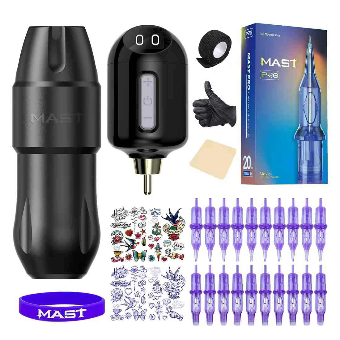 Mast Tour Pro Plus タトゥーマシンセット ブラシレスモーター 4.0mm ストロークショートペン マスト充電式 LCD ワイヤレスバッテリーセット付き