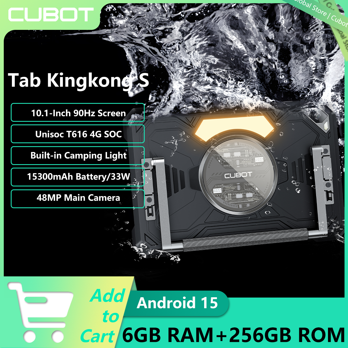 CUBOT Tab Kingkong S 4G 頑丈なタブレット Unisoc T616 4G 10.1 インチ HD 90Hz 6GB 256GB 15300mAh バッテリー 33W 充電 48MP Android 15