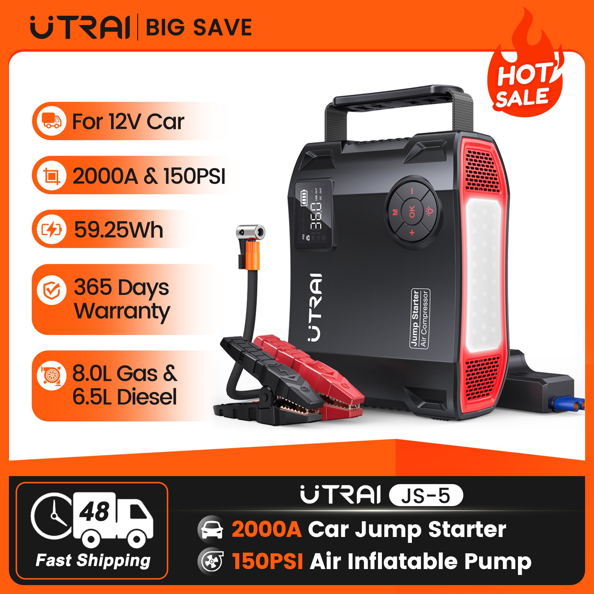 UTRAI 2000A 4-in-1 車ジャンプスターター 150PSI 空気インフレーター ポータブル電源銀行緊急ブースター 12V 車始動装置用