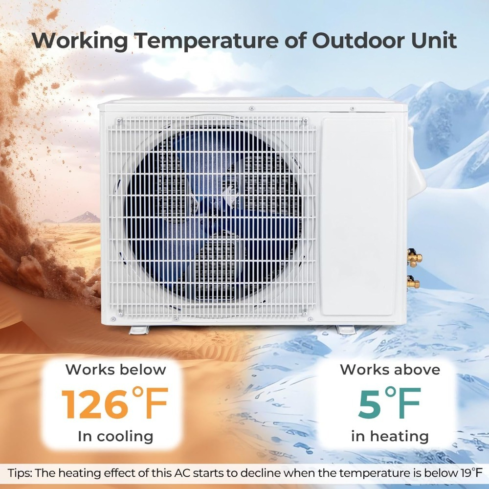 奥行き 7.5 インチ x 幅 34.5 インチ x 高さ 12 インチ 12000 BTU ミニ スプリット エアコンおよびヒーター Wifi 22 SEER2 インバーター ヒートポンプ付き 750 平方フィートを冷却