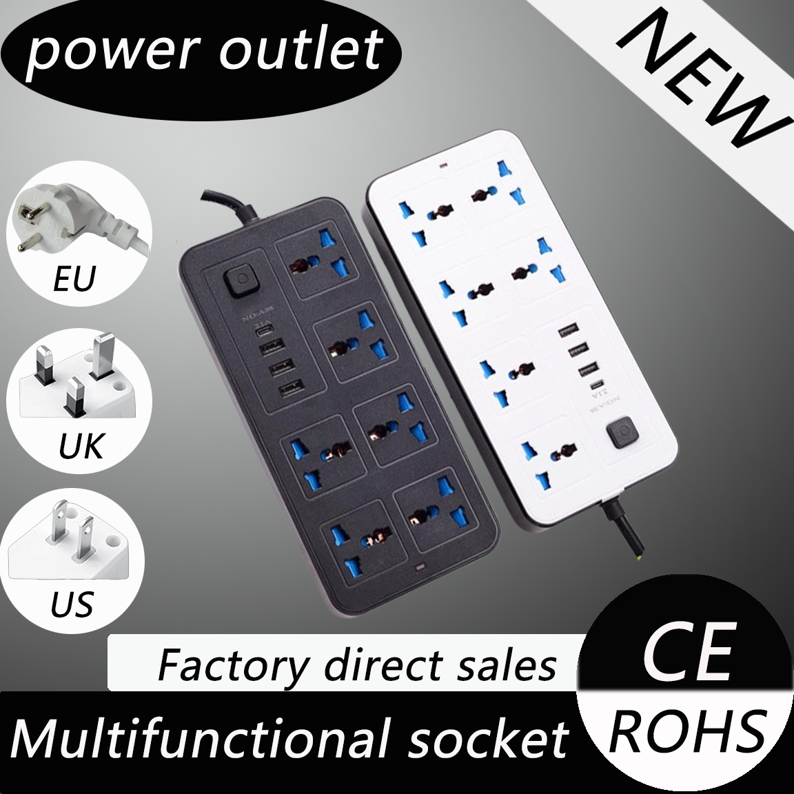 電源マルチタップユニバーサルプラグ EU 米国英国コンセント電源タップ 1.8 メートル延長コード付き AC タイプ C USB ポート充電コンセント