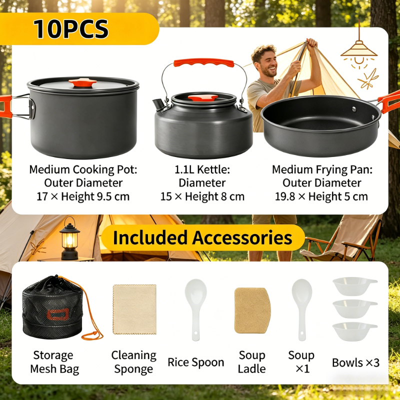 10 個超軽量アルミキャンプ調理器具セット屋外調理ポットケトルポータブル旅行食器収納袋