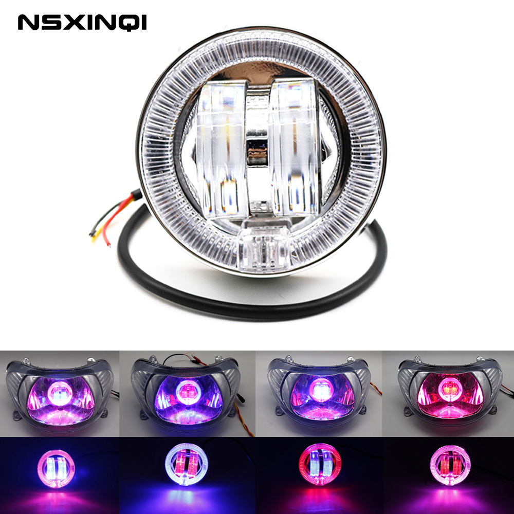 オートバイのヘッドライトデュアルカラー LED ユニバーサル内蔵エンジェルアイデーモンアイレンズハイビームスポットライトヘッドライト