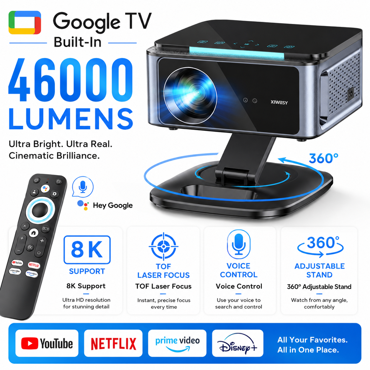 XIWBSY 3200ANSI T07Plus Google 音声プロジェクター Android 14.0 Netflix プロジェクター BT5.4 Wifi6 ホームシアター Google TV プロジェクター