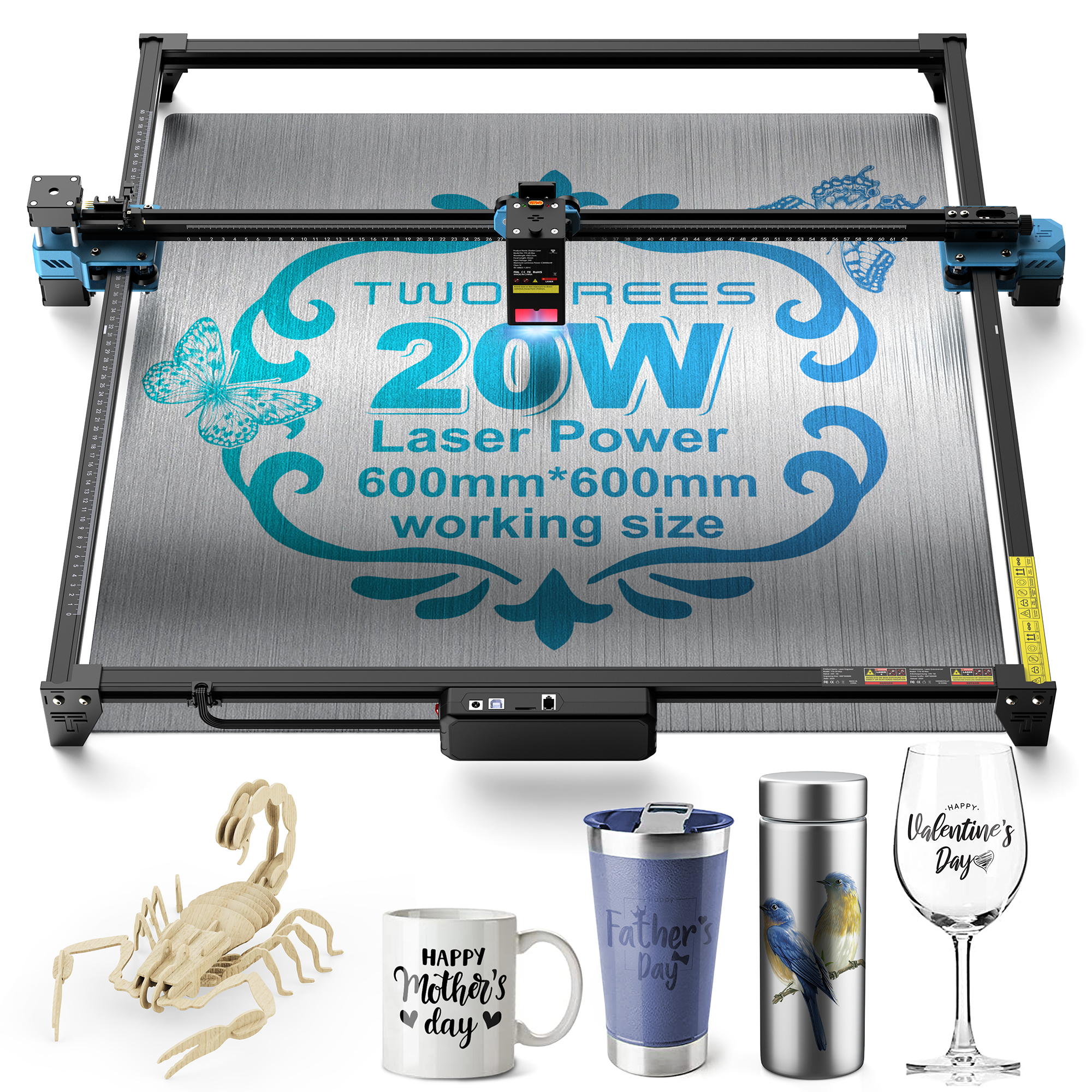 Twotrees TTS-20 MAX 20W レーザー彫刻機 600x600mm アップグレードレーザー彫刻機高精度リミットスイッチ付き木材金属用アプリをサポート