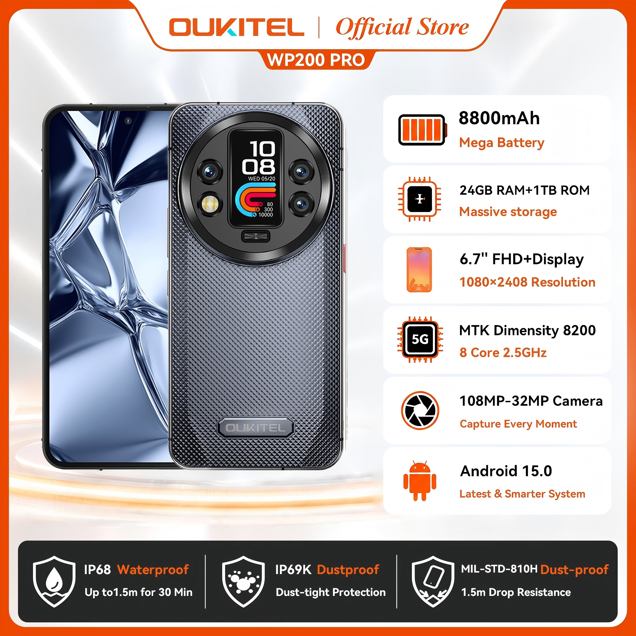 Oukitel WP200 プロ 5 グラムモジュラー頑丈な電話取り外し可能なイヤホン時計 72 ギガバイト 1 テラバイト MTK8200 スマートフォン 108MP 携帯電話
