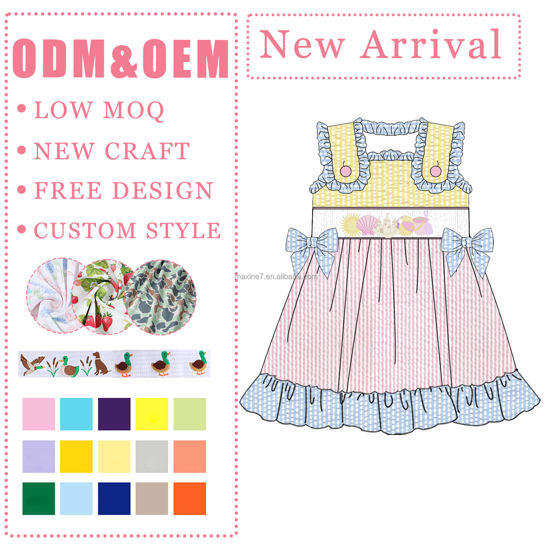 人気の子供服ガールズブティックスモックシアサッカーノースリーブ幼児ドレスシェル刺繍フリルガールドレス