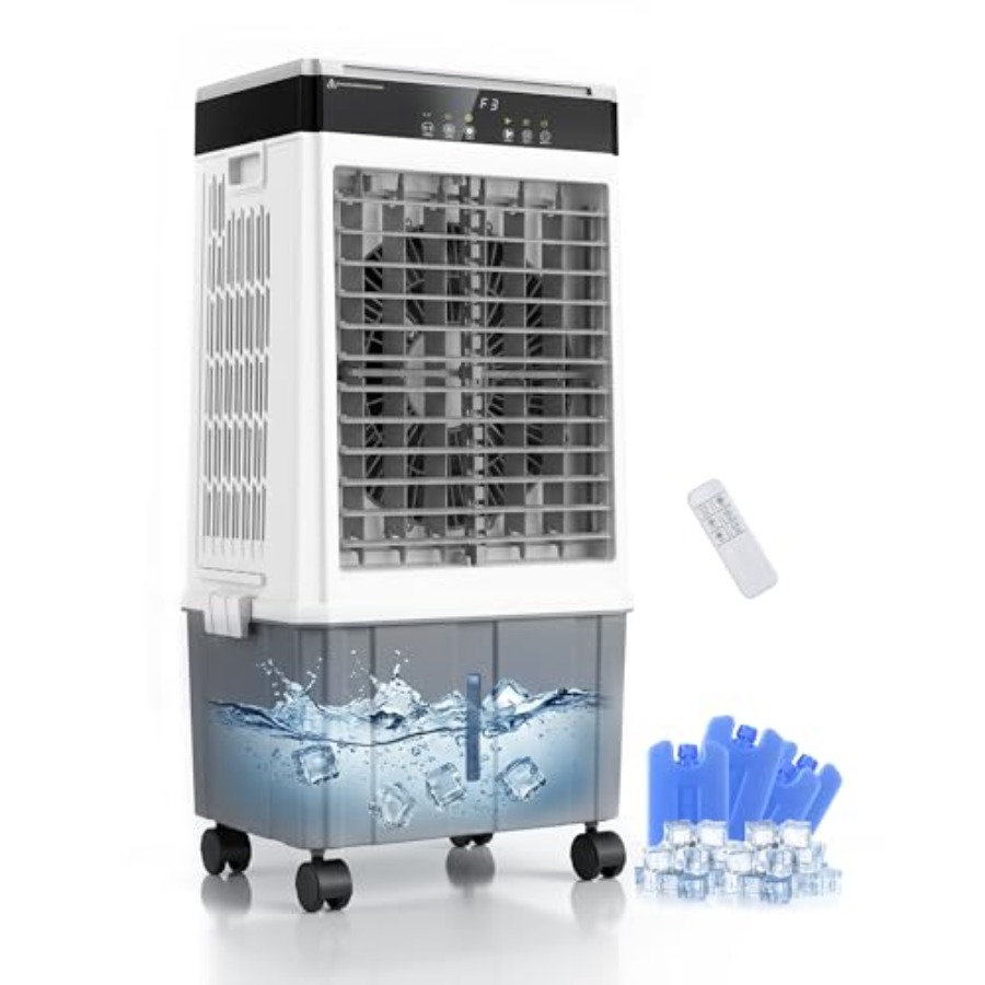 屋外、オフィス、寝室用のスワンプクーラー。灰色のプラスチック。 3000CFM の冷却力、5.5 ガロンの取り外し可能なタンク、アイスボックス 4 つ、120 osc