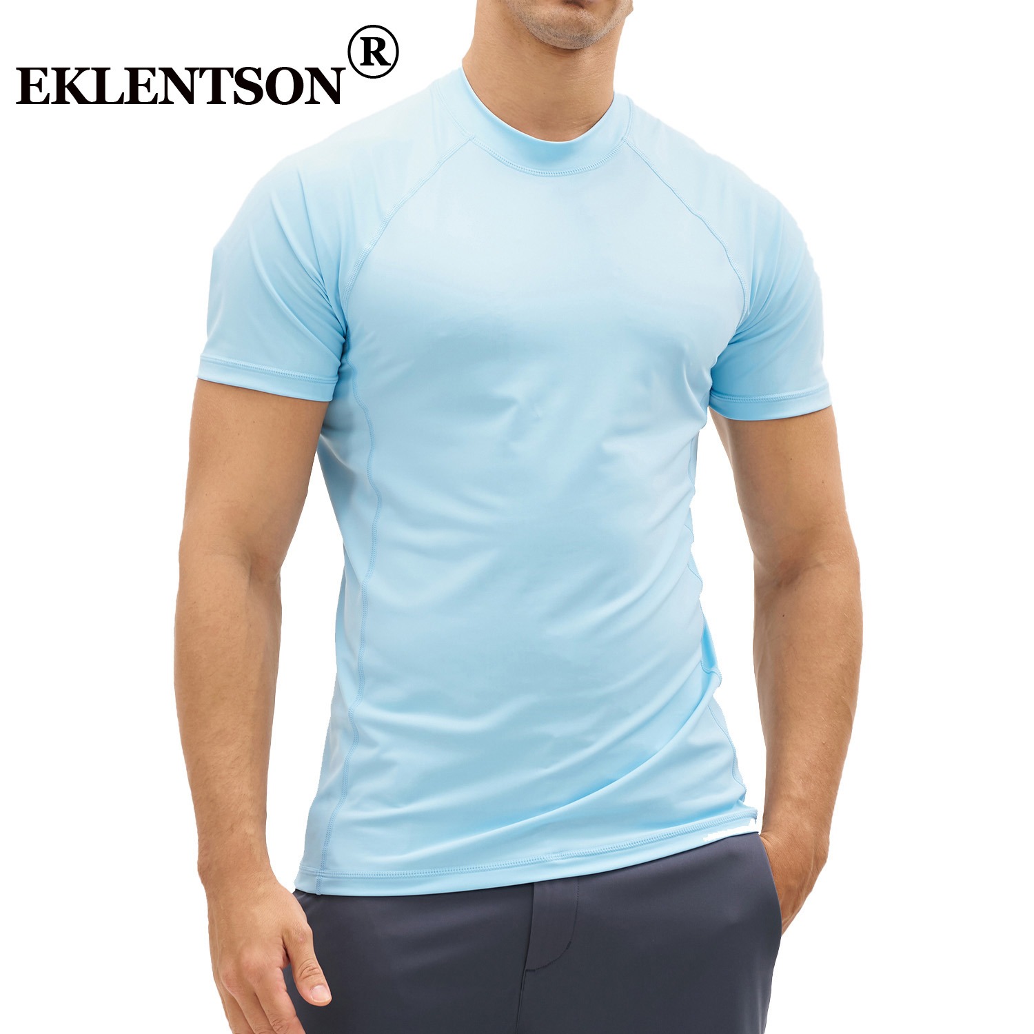 EKLENSON メンズ ラッシュガード スイムシャツ 半袖 モックネック UPF 50 Tシャツ ループ裾 速乾性 ルーズフィット ウォーター サーフィン シャツ