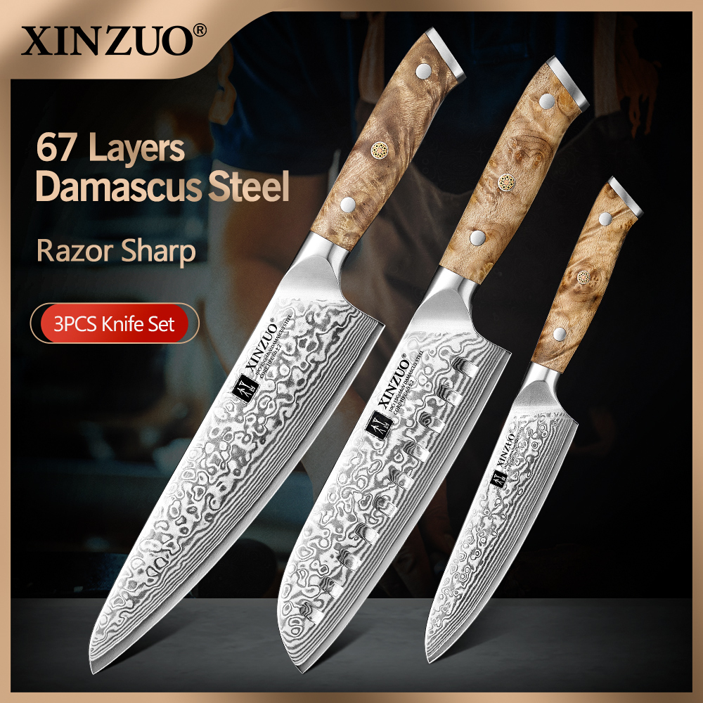 XINZUO 1-3 個ダマスカス鋼ナイフセットシェフ三徳ユーティリティナイフ 67 層スーパー鋼フィギュアシカモア真鍮リベット 60HRC