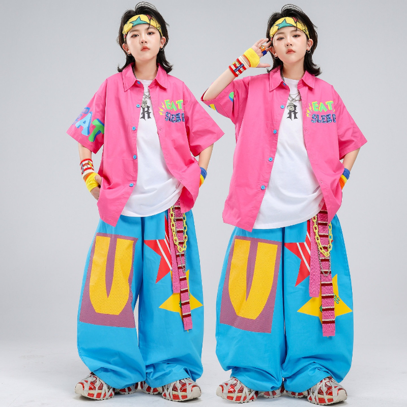新しいヒップホップの服ピンクのシャツトップブルーだぶだぶのパンツ少年ジャズダンスの摩耗衣装クールなストリート服グループステージ衣装