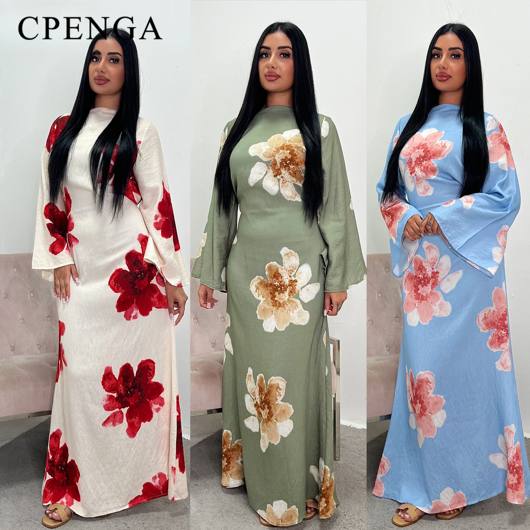 アラベスクベルスリーブ流れるマキシアバヤドレスエレガントな花柄イスラム教徒控えめなロングドレスイスラム休暇の衣装サマーローブ