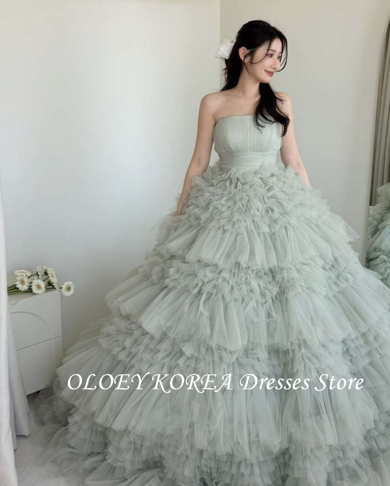 OLOEY 高級セージグリーンフリルチュールティアードウェディングドレス韓国写真撮影イブニングドレスエレガントな花嫁カスタマイズプロム