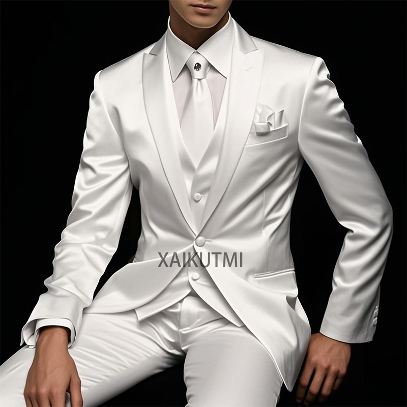 最新スタイル白スリムフォーマルフィットメンズスーツ結婚式新郎タキシード 3 ピースカスタムサテン男性ファッションセットジャケットパンツベスト