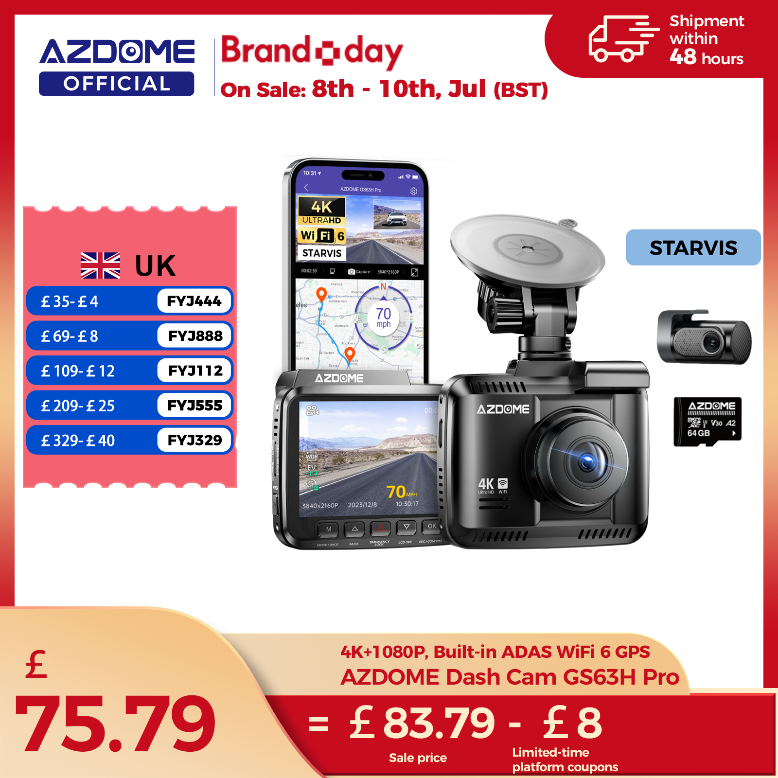 AZDOME ダッシュカム GS63H Pro 4K 1080P 2.4インチ IPS スクリーン 150°FOV 内蔵 ADAS WiFi 6 GPS 車 DVR G センサー 24H パーキングモニター カマーレ