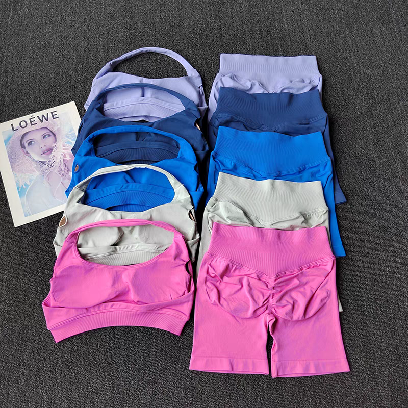 2 ピースヨガスーツ女性のためのシームレスなフィットネスジム服ホルタースポーツブラマッチングインパクトショーツワークアウトセットジムセット衣装