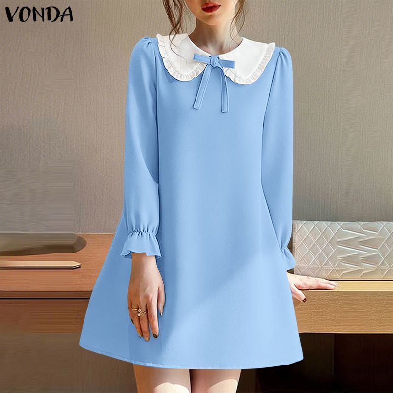 VONDA ファッションピーターパン襟ミニドレス女性の夏の長袖ショート Vestidos カジュアルパッチワークルースパーティーサンドレスローブ
