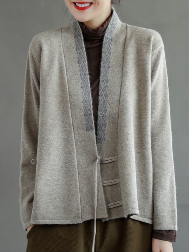 Johnature 女性ヴィンテージ刺繍カーディガンウールブレンド V ネック長袖ボタンセーター 2025 冬の新ルーズ無地コート