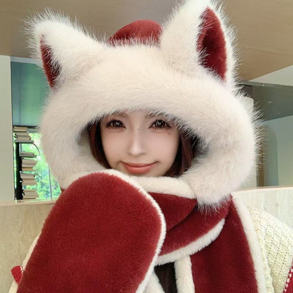 かわいい 3-in-1 キツネ耳帽子スカーフ手袋防風保温フード付きスカーフソフトふわふわ冬スカーフ女性用