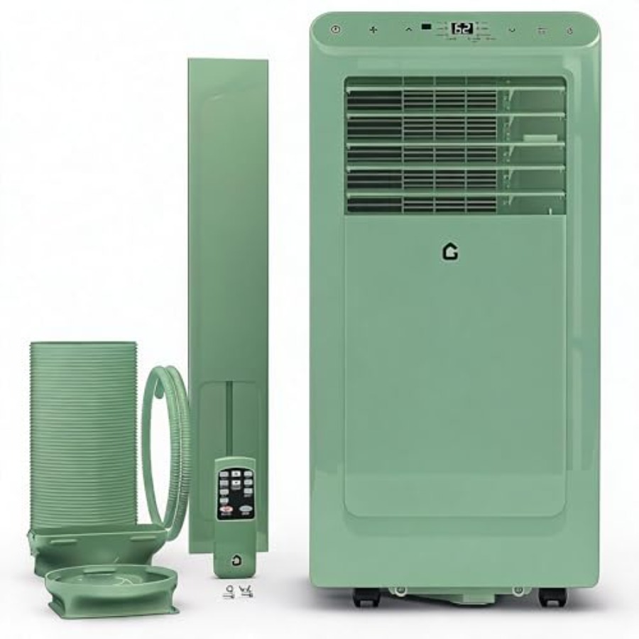 大部屋用ポータブル AC ユニット: 8000 BTU、冷却/除湿/ファン モード、白いプラスチック ハウジング、自動 s 付きの静かな 3 速動作