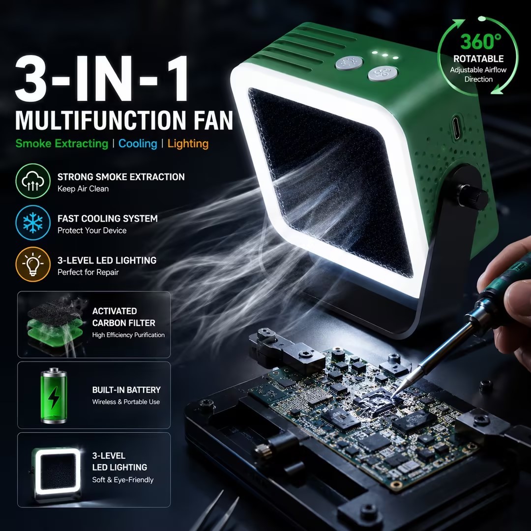 2UUL Aiolos ファン 3in1 排煙冷却ファン LED ライトポータブルはんだ修理ファン カーボンフィルター付き 電話 PCB 修理用
