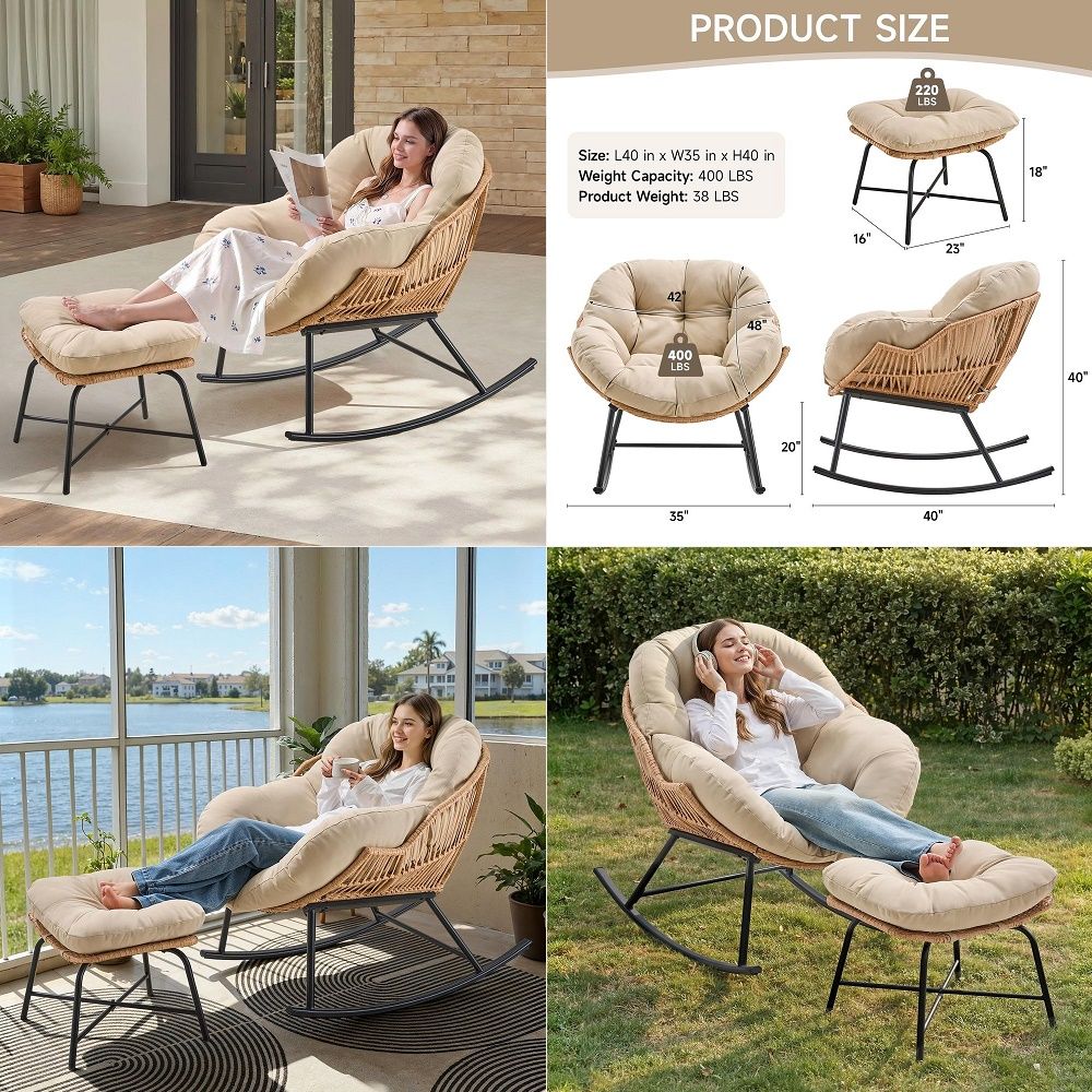 オットマン付きパパサンロッキングチェア、パッド入りクッション付き特大パパサンチェア、リビングルーム用屋内アンプ屋外ロッカーチェア
