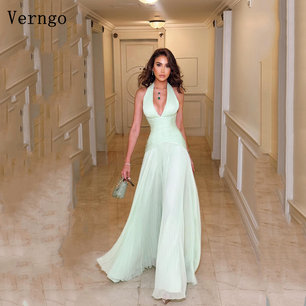Verngo グリーンシフォンイブニングドレスホルターマーメイドモダンフォーマルオケージョンドレスセレブセクシーなウエディングドレスカスタマイズ