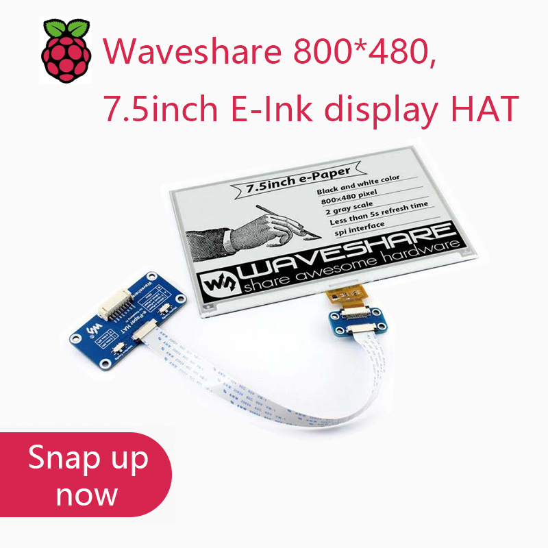 Waveshare 800*480、7.5 インチ E-Ink ディスプレイ HAT、Raspberry Pi 2B/3B/Zero/Zero W 用、2 色: ブラック ホワイト、SPI インターフェイス、バックライトなし