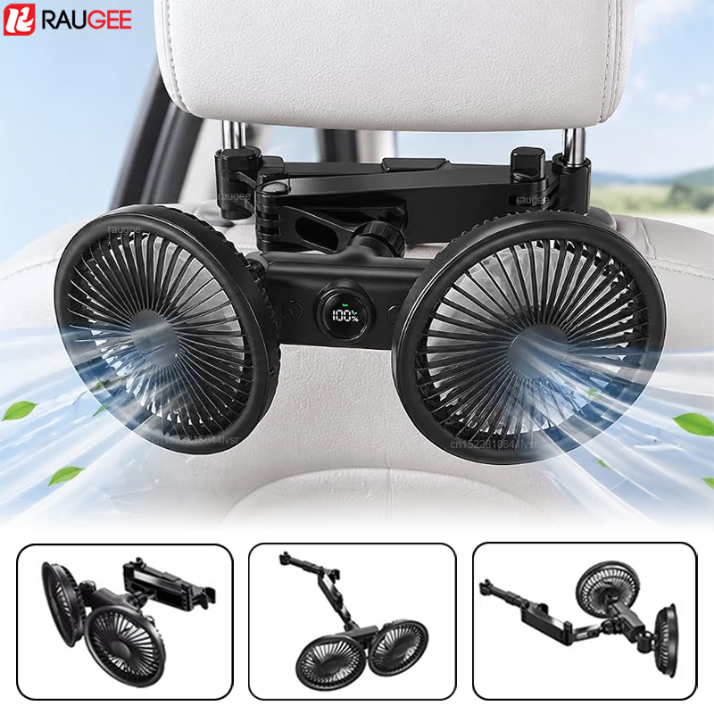 USBカーファン ダブルヘッドカーシートバック冷却ファン ポータブルカーシートファン 360°回転可能 USBカーヘッドレストファン フロントリアシート用