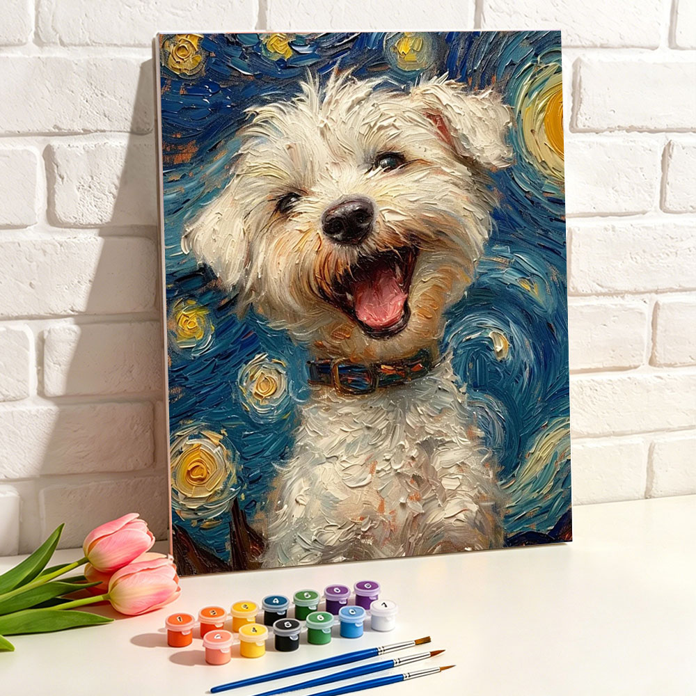 キャンバス上の数字による絵画 DIY キット ペイント ホワイト ドッグ 星空の夜 動物 数字によるぬりえ ホームデコレーション ギフト DIY キット 大人用