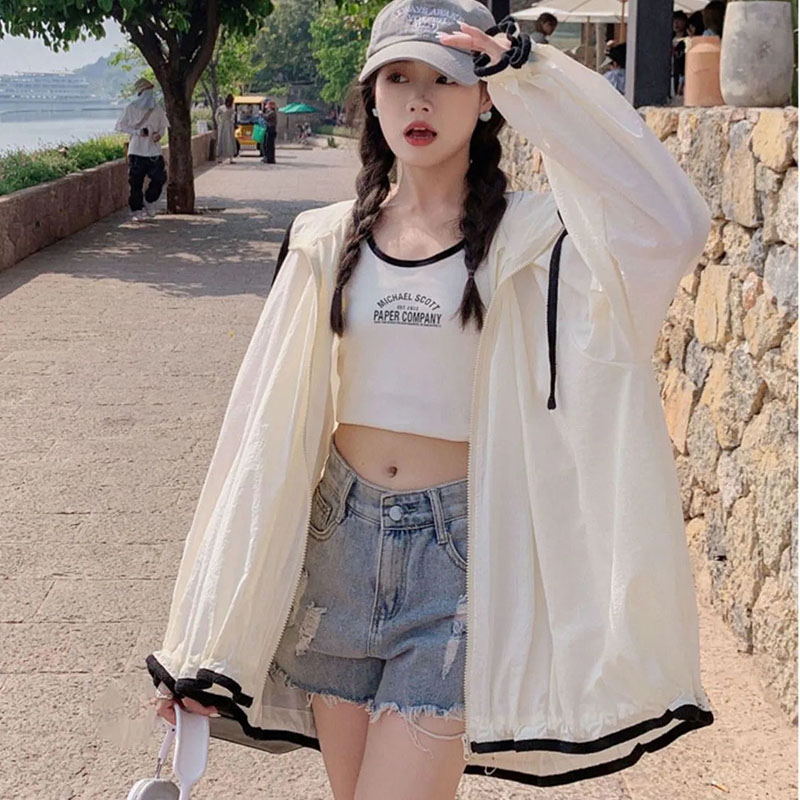 夏薄型フード付き日焼け防止コート女性韓国シックなパッチワーク長袖ジャケット女性のファッションストリート日焼け防止トップス