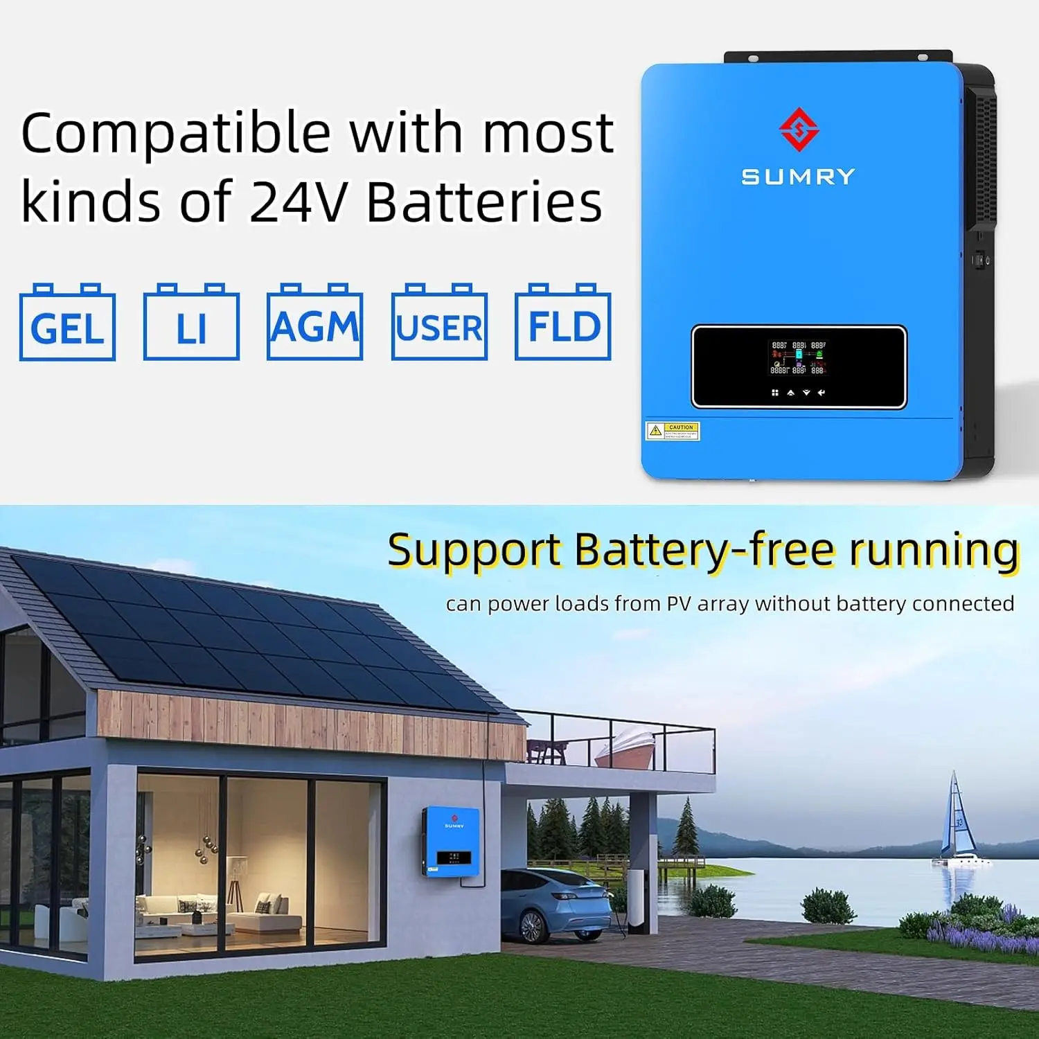 SUMRY ソーラーインバータ充電器、3600W DC 24V から AC 110V ハイブリッド電圧コンバータ、120A MPPT 充電コントローラ付き、純粋な正弦波