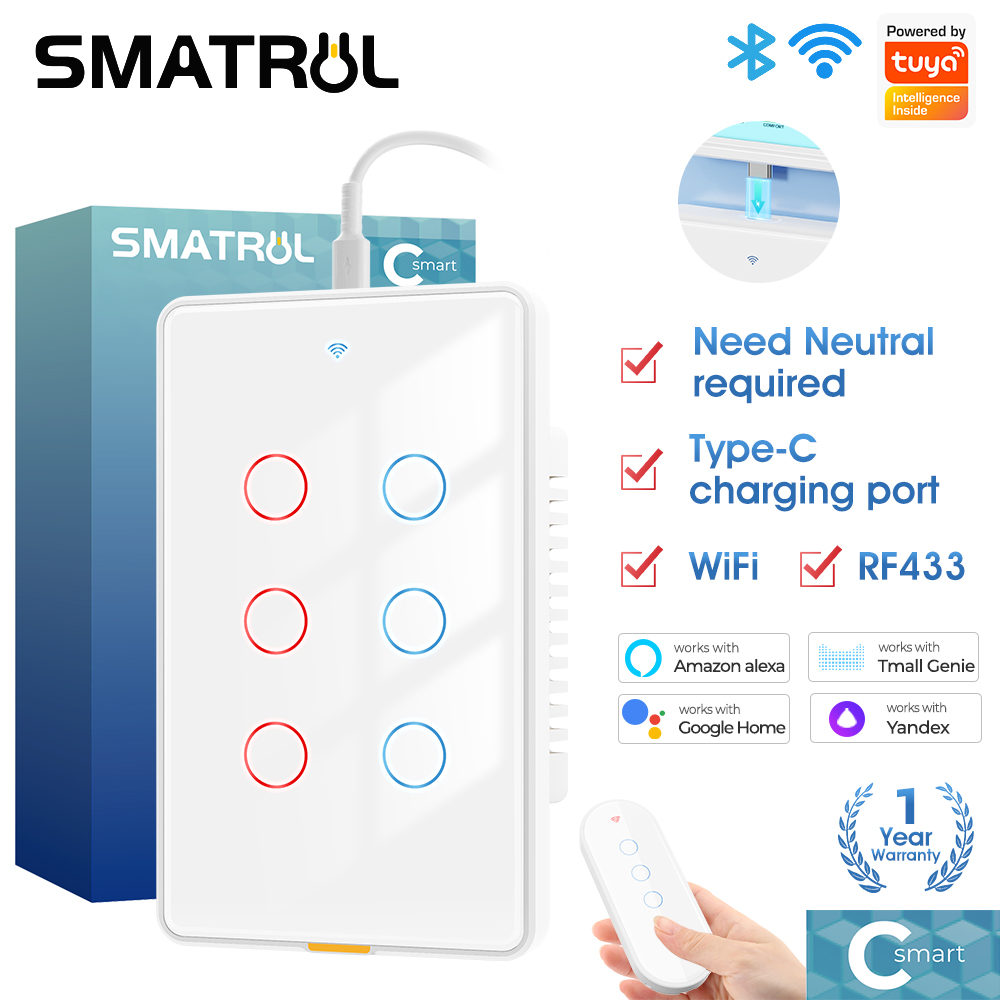Tuya WiFi RF433 軽量壁タッチスイッチ 110-240V Type-C 予約注文 6gang 音声アプリ Alexa、Google Home 用