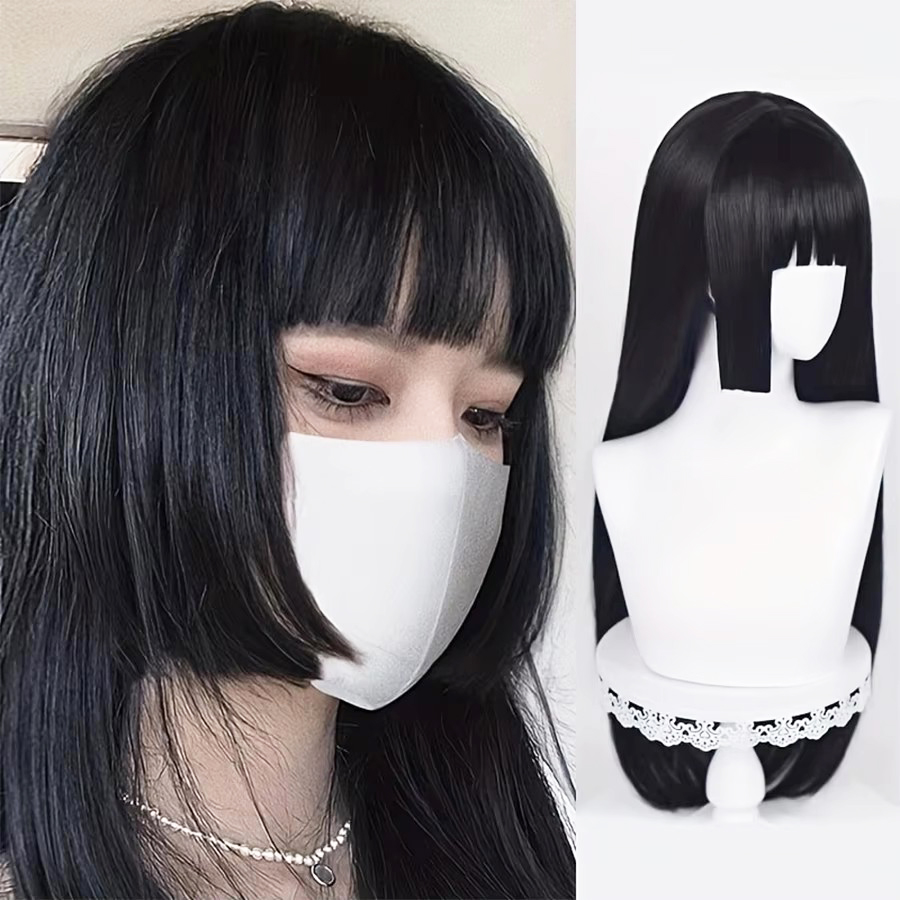 ナチュラルロングストレート合成黒かつら前髪ロリータコスプレヘアウィッグ女性のための耐熱ファイバー毎日パーティーウィッグ fem