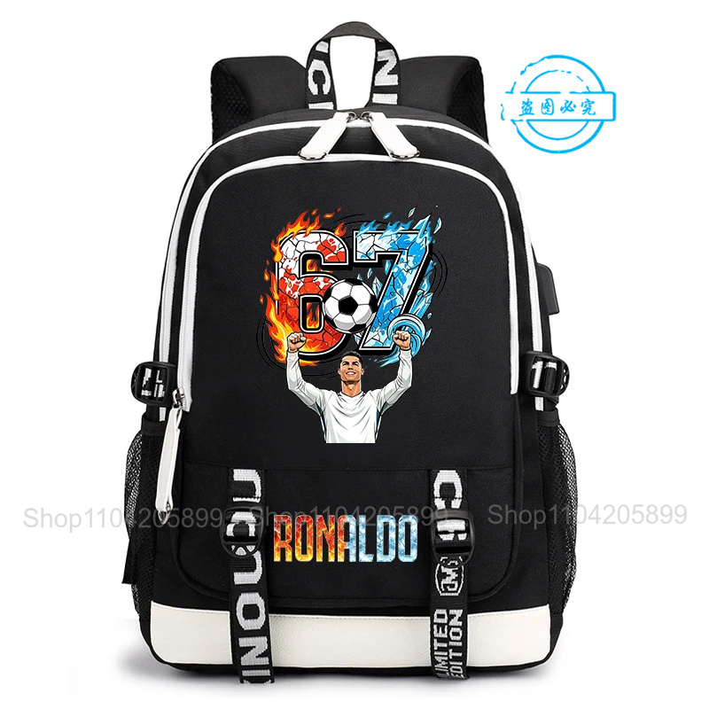 Cr7 バックパックロナウド 67 プリントカジュアル Mochila 学生ティーンエイジャースクールバッグ毎日旅行リュックサックボーイズギフト