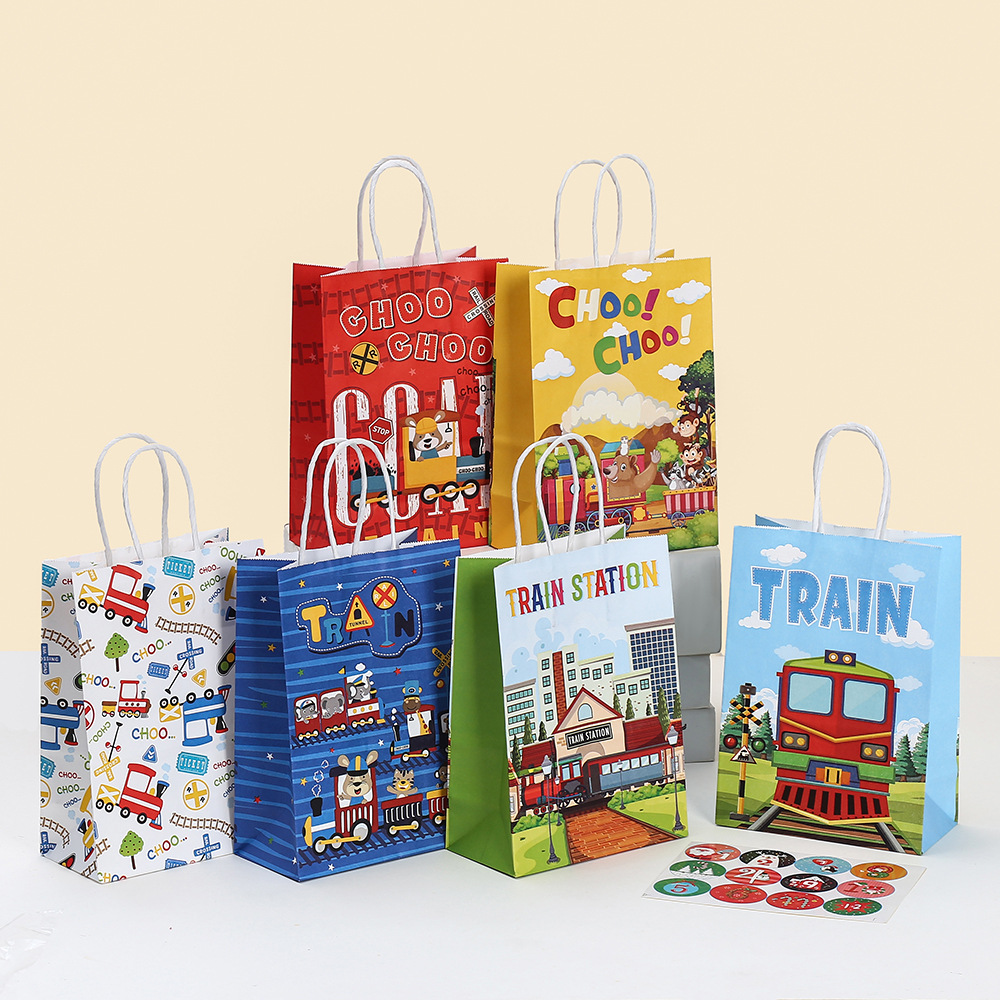 StoBag、電車がテーマの再利用可能な紙ギフトトートバッグ、12/30個、子供の誕生日パーティー、お祝いのお祝い用品に最適