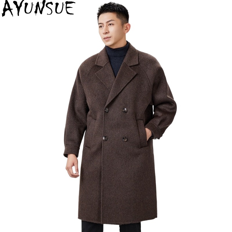 AYUNSUE 両面ウール 100% コート男性秋冬韓国ファッションミッドレングスウールジャケットルーズウールトレンチコート 2026